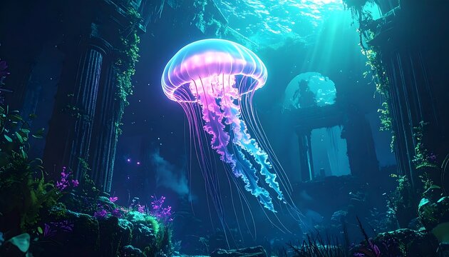 A bioluminescent jellyfish floats amidst ancient ruins submerged in the ocean, beams of light filtering