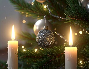 Realistic Close-Up of Decorated Christmas Tree with Ornaments and Lights — Festive Holiday Celebration Background