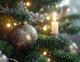 Realistic Close-Up of Decorated Christmas Tree with Ornaments and Lights — Festive Holiday Celebration Background