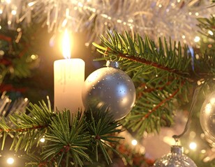 Realistic Close-Up of Decorated Christmas Tree with Ornaments and Lights — Festive Holiday Celebration Background
