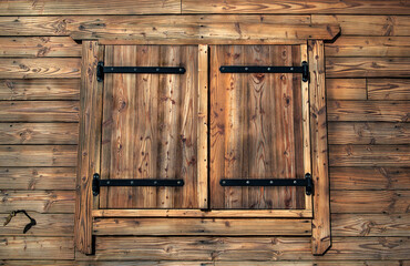 front view on traditional alpine chalet wooden window on wood wall close up