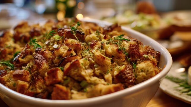 Close-up of stuffing served from a dish, golden brown, autumn-themed table, cinematic 8k