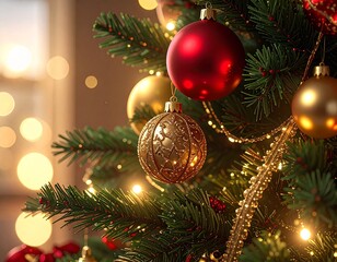 Realistic Close-Up of Decorated Christmas Tree with Ornaments and Lights — Festive Holiday Celebration Background