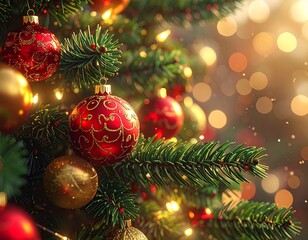 Realistic Close-Up of Decorated Christmas Tree with Ornaments and Lights — Festive Holiday Celebration Background