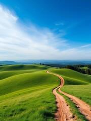 Fototapeta premium Rolling green hills under a vast blue sky, with a winding dirt path leading towards distant trees, hill, country