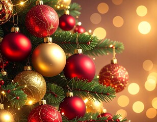 Realistic Close-Up of Decorated Christmas Tree with Ornaments and Lights — Festive Holiday Celebration Background