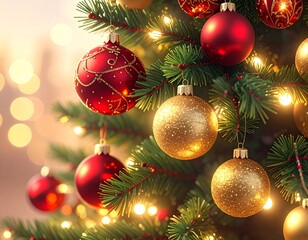 Realistic Close-Up of Decorated Christmas Tree with Ornaments and Lights — Festive Holiday Celebration Background