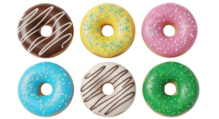 3d illustration of assorted colorful donuts isolated on transparent background, sweet and delicious