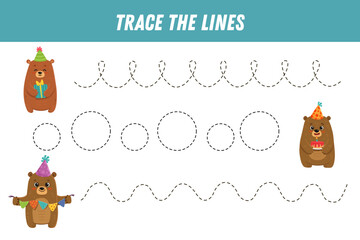 Tracing lines for kids. Cute cartoon bears. Handwriting practice. Educational game for preschool kids. Activity page. Vector illustration.
