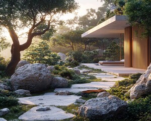 Fototapeta premium Serene modern building surrounded by a lush Zen garden with stone path in sunlight