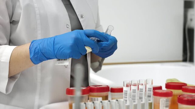 Lab technician in blue gloves labeling urine sample test tube with barcode in modern medical laboratory for diagnostic analysis and research.