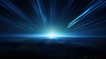 Obraz premium Blue light rays shining down on horizon over forest creating atmosphere of mystery and wonder with futuristic digital technology scene