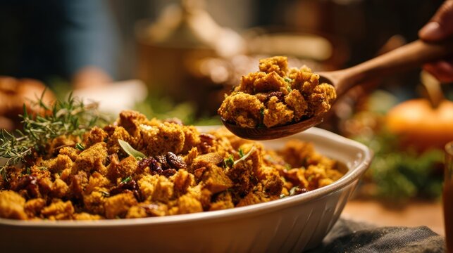 Close-up of stuffing served from a dish, golden brown, autumn-themed table, cinematic 8k