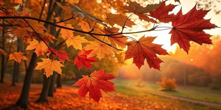 Autumnal Maple Leaves at Sunset Branch Composition, Vibrant Colors, Golden Hour, Nature Photography autumn, fall foliage - Powered by Adobe