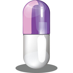 A single pharmaceutical capsule with a white base and a translucent purple and pink top isolated on a transparent background casting a subtle shadow below representing medicine and healthcare