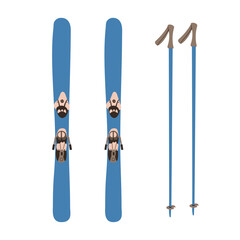 Pair of skis, ski poles. Winter sports accessories. Advertisement of ski school. Opening of new track. Ski resort flyer template. Color concept for web design