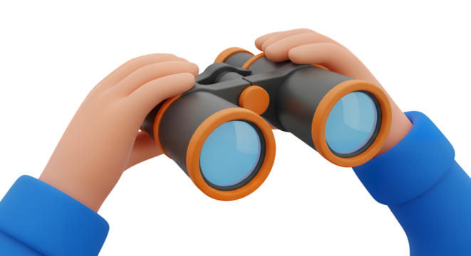3d illustration of person holding binocular isolated on transparent background for observation concept