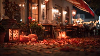 Obraz premium Cozy autumn café scene glows with lanterns pumpkins leaves creating a warm inviting fall evening atmosphere