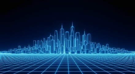 Futuristic neon blue glowing cityscape with digital grid overlay on dark background