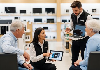 Sales associates demonstrating new technology to senior customers in modern electronics store, creating a positive and informative shopping experience.