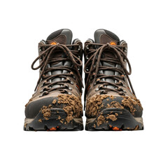 Close-up shot of a pair of brown hiking boots covered in mud, laces tied.