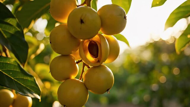 A cluster of round yellow fruits hangs with one split open to reveal a brown seed set against a blurred backdrop of leaves and bright sunlight