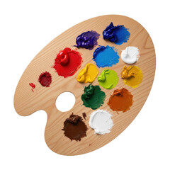 Wooden artist's palette with various vibrant colors of paint, ready for creative artwork.