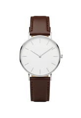 Elegant wristwatch with a silver case, white dial, and brown leather strap, perfect for everyday wear.