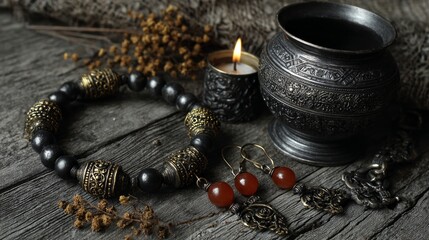 A black and gold bracelet sits on a wooden table next to a vase and a candle. The bracelet is surrounded by a bunch of dried flowers, which adds a touch of elegance to the scene