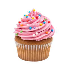A delicious cupcake with pink frosting and colorful sprinkles, perfect for a celebration.