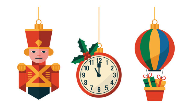 Christmas Ornament Delight: Festive illustrations of a toy soldier, a clock ornament, and a hot air balloon ornament hang in harmony. capturing the joyous spirit of holiday season.