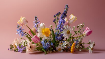 Fototapeta premium Vibrant arrangement of lavender, tulips, daisies, and mixed wildflowers on a pink background
