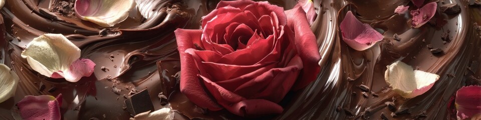 Naklejka premium A velvety red rose delicately nestled in rich, swirling brown and crimson textures