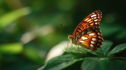 Fototapeta premium A vibrant orange butterfly perched gracefully on a green leaf with sunlit bokeh background
