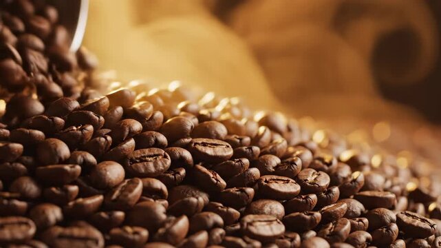 A detailed closeup showcases numerous coffee beans with a few blurred elements in the background