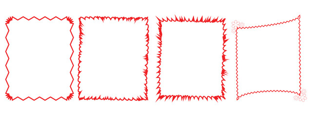 A vector set of four unique, abstract red frame designs with a rough, distressed, and jagged edge style. Perfect for graphic design projects, borders, photo overlays, invitations, scrapbook elements