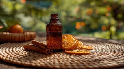 Amber essential oil bottle with dried oranges and cinnamon sticks on a wicker table.