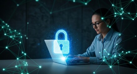 Woman typing on laptop with digital lock overlay, cybersecurity concept.