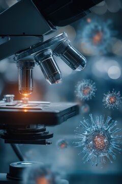 Analyzing viruses and microorganisms under a powerful electron microscope in a lab.