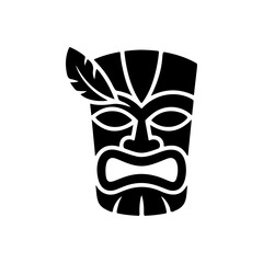 Tiki tribal wooden mask set and Tiki mug. Hawaiian traditional elements. Colored, wooden and black and white silhouette. Vector illustration