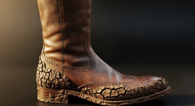 Close up of a worn leather boot covered in cracked earth against a dark studio background - Powered by Adobe