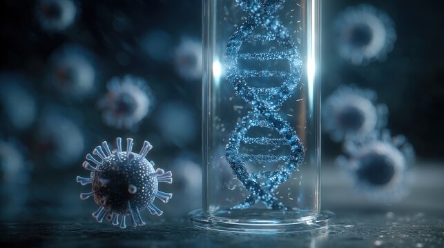 Viral particles next to a DNA helix in a test tube, concept of genetic modification or vaccine.