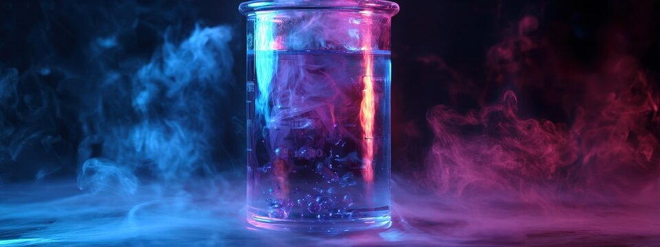 Dynamic neon-lit lab experiment: glowing blue liquid swirling in an Erlenmeyer flask with smoke.