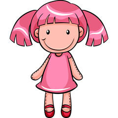 Cute Pink Haired Cartoon Doll With Pigtails Wearing A Pink Dress And Red Shoes Standing On Transparent Background