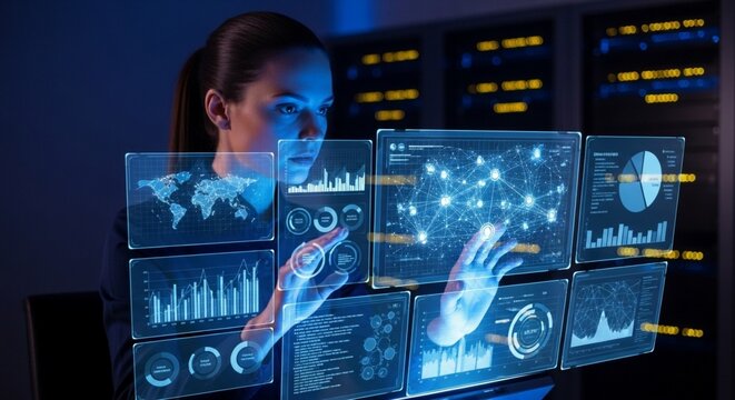 Woman interacting with multiple digital screens displaying data and graphs. - Powered by Adobe
