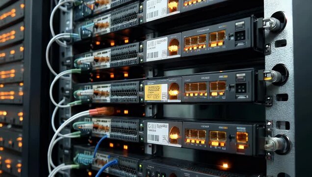 Closeup of Server Rack with Illuminated Network Equipment in Data Center - Powered by Adobe