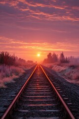 Fototapeta premium Railway tracks lead towards a glowing sunset in a tranquil valley with mountains.