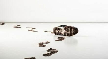 Muddy footprints leading to a dirty shoe on a white floor in a studio setting