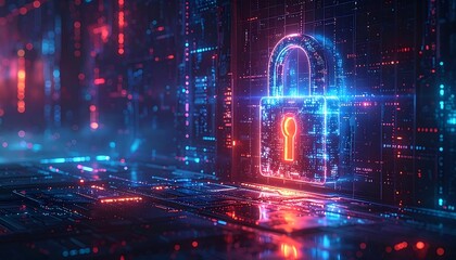 A luminous, digital padlock glows against an abstract, futuristic background of data streams and circuitry, illustrating security
