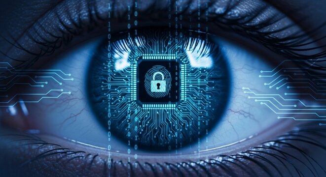 Eye with digital lock, representing cybersecurity and data protection.